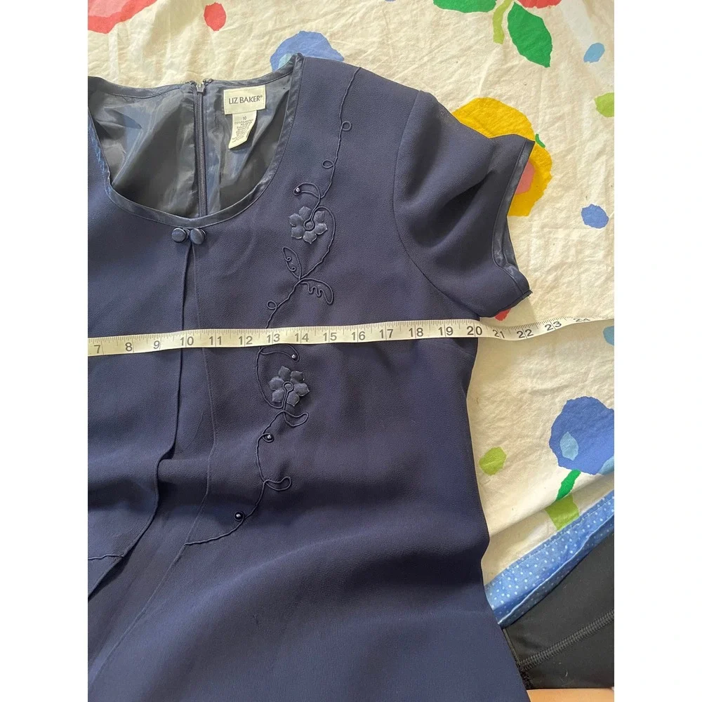 Vintage Liz Baker Navy Blue Floral Embroidered Sheer Overlay Shift Dress Size 10